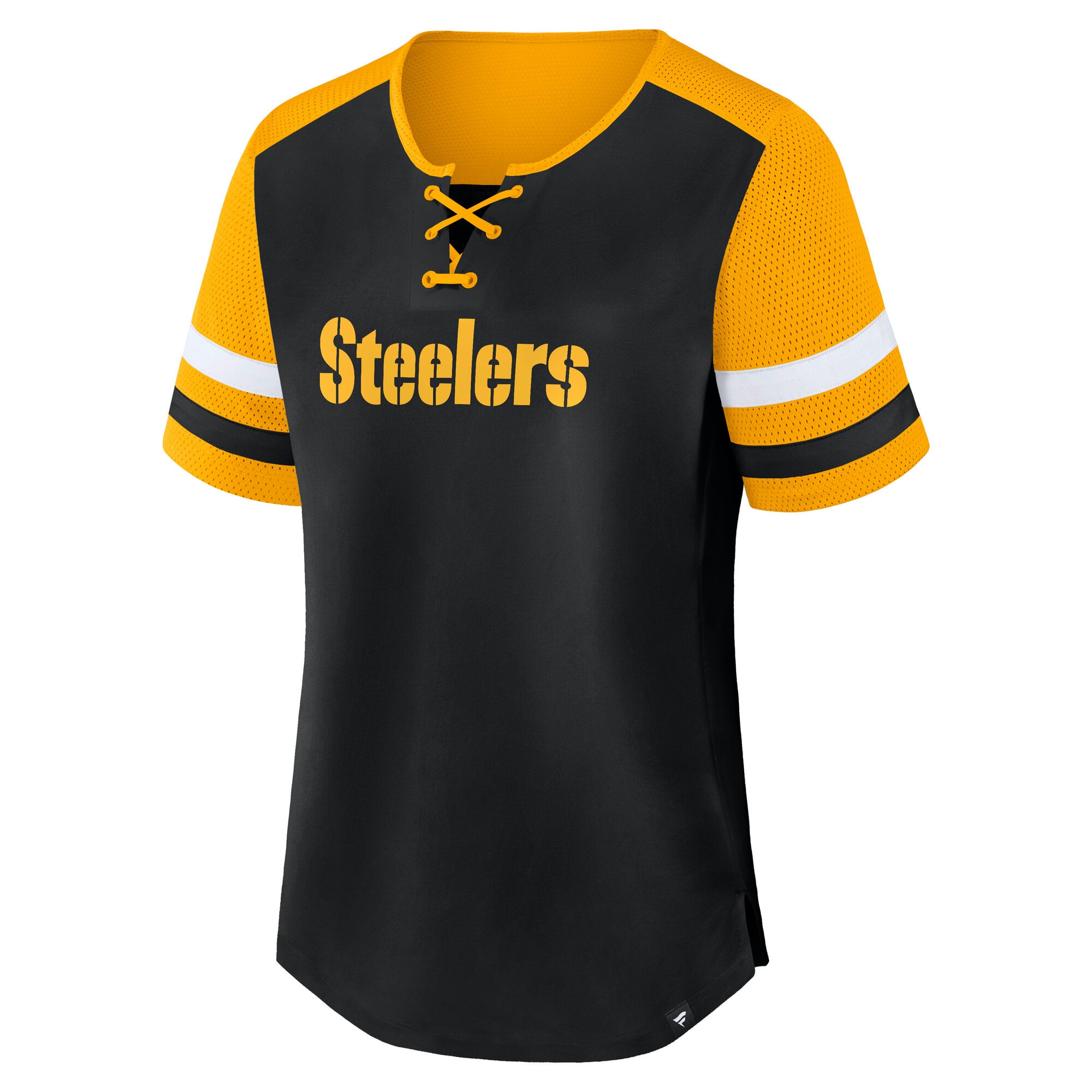 T-shirt Fanatics T.J. Watt noir Pittsburgh Steelers Curl Route Athena à lacets avec nom et numéro pour femme